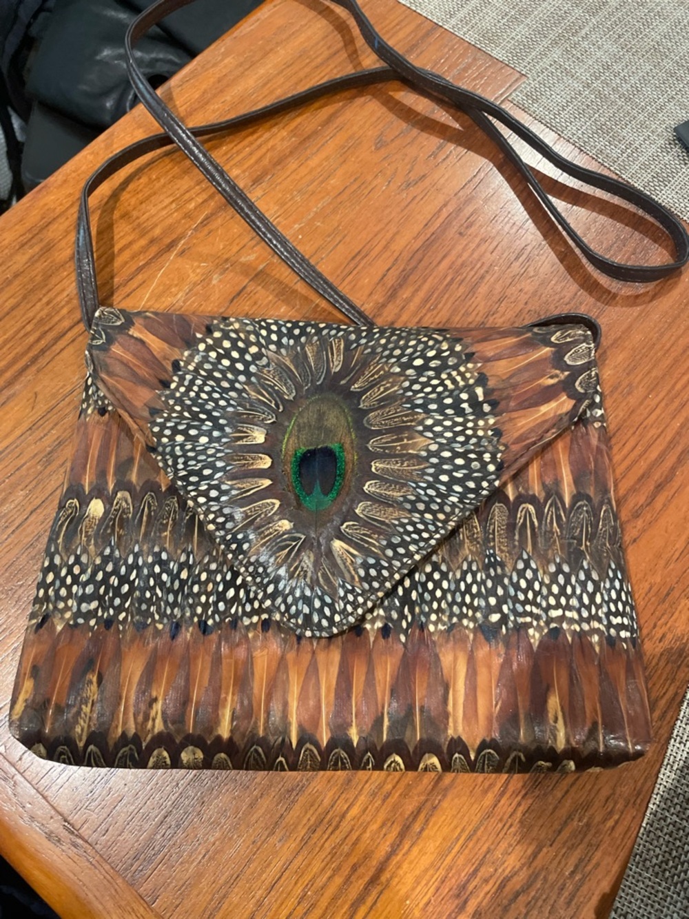 Vintage Genuine Peacock Feather Pattern Crossbody Bag.